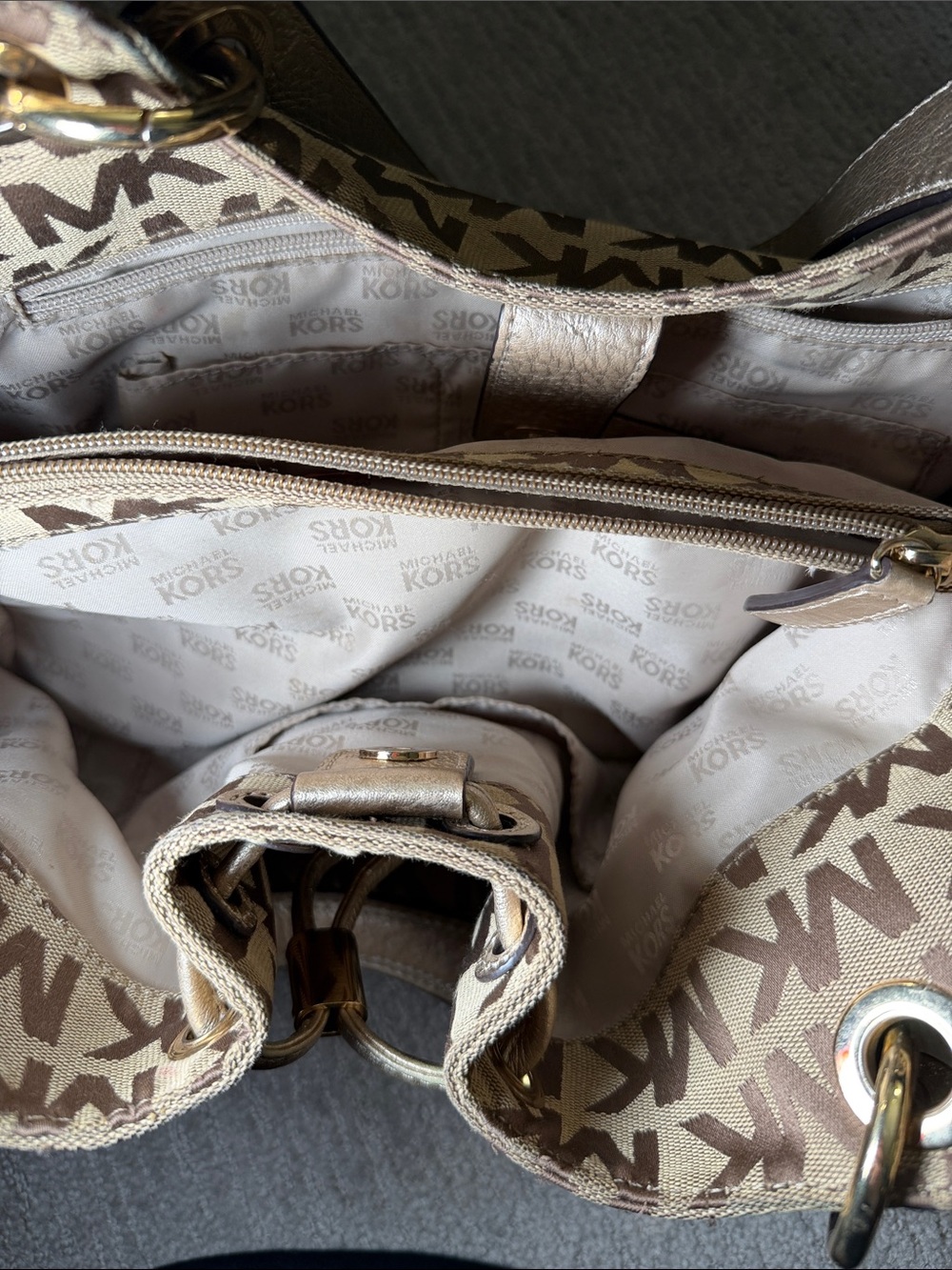 Michael Kors Brown/Tan MK Logo Drawstring Shoulder Bag - Picture 7 of 12